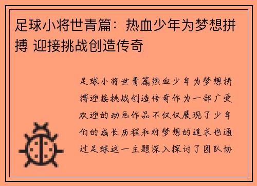 足球小将世青篇：热血少年为梦想拼搏 迎接挑战创造传奇