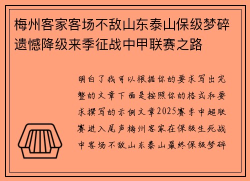 梅州客家客场不敌山东泰山保级梦碎遗憾降级来季征战中甲联赛之路 梅州客家客场不敌山东泰山保级梦碎遗憾降级来季征战中甲联赛之路